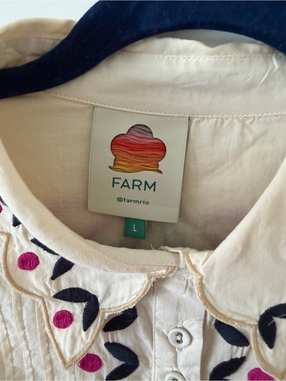 FARM Rio Cream Button-Down Blouse with Black & Pink Embroidery - Picture 9 of 10
